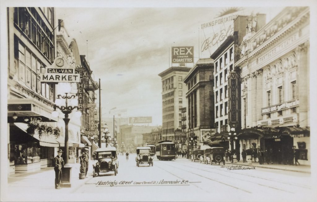 Vancouver, Vaudeville and the City’s Lost Theatre District 2 Postcard of “The Hastings Great White Way” from Gowen Sutton photography studio, mid-1920s, via Tom Carter