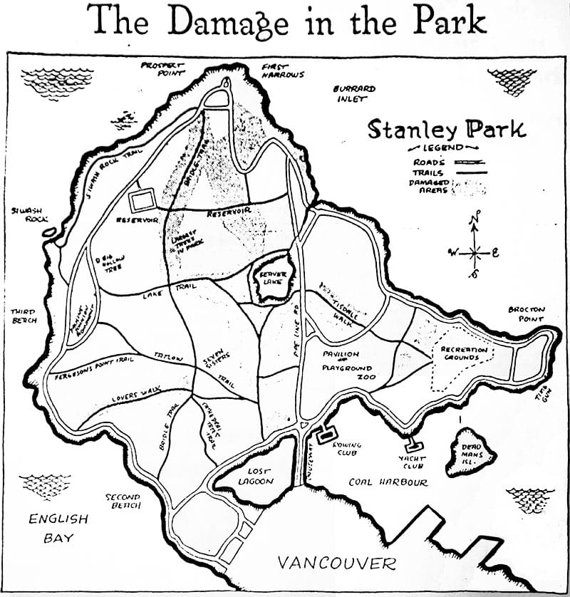A Devastating History of Stanley Park 2 Stanley Park storm damage map from the Daily Province, 9 February 1935