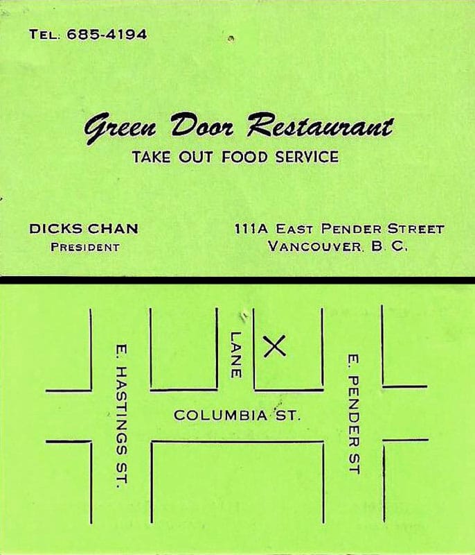 Green Door Restaurant Business Card, 1977 – Market Alley Entrance Business card for the Green Door restaurant from 1977, with a map making it clear the entrance was in Market Alley. It closed in the 1990s. By then, commercial activity except street drug dealing had all but ceased in Market Alley. Image from BCHistoryCollectibles.Blogspot.ca