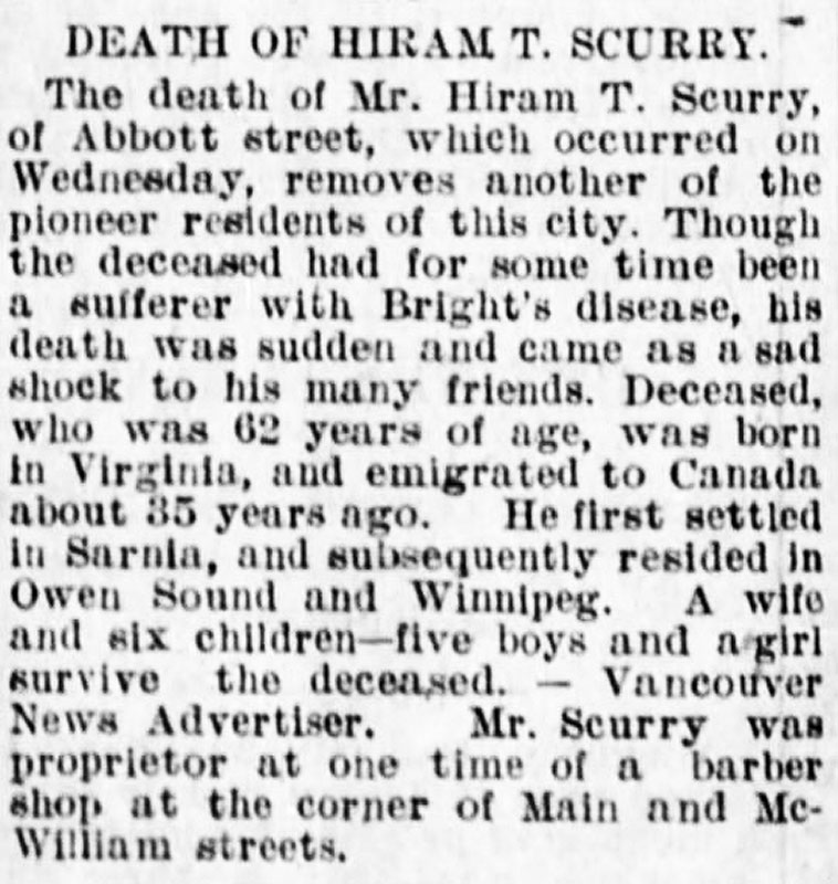 Hiram Scurry Obituary – Winnipeg Tribune, 1895 Hiram Scurry's obituary, Winnipeg Tribune, 29 October 1895.