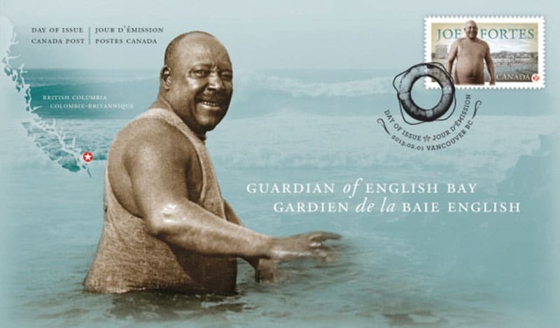 Joe Fortes Stamp – 2013 Commemoration Before he moved into his idyllic little cabin on English Bay, legendary lifeguard Joe Fortes lived with his "Vancouver family," the Scurry's, at 524 Cambie Street, which backed on to Beatty Lane. This 2013 stamp is one of many commemorations acknowledging his contribution to early Vancouver.