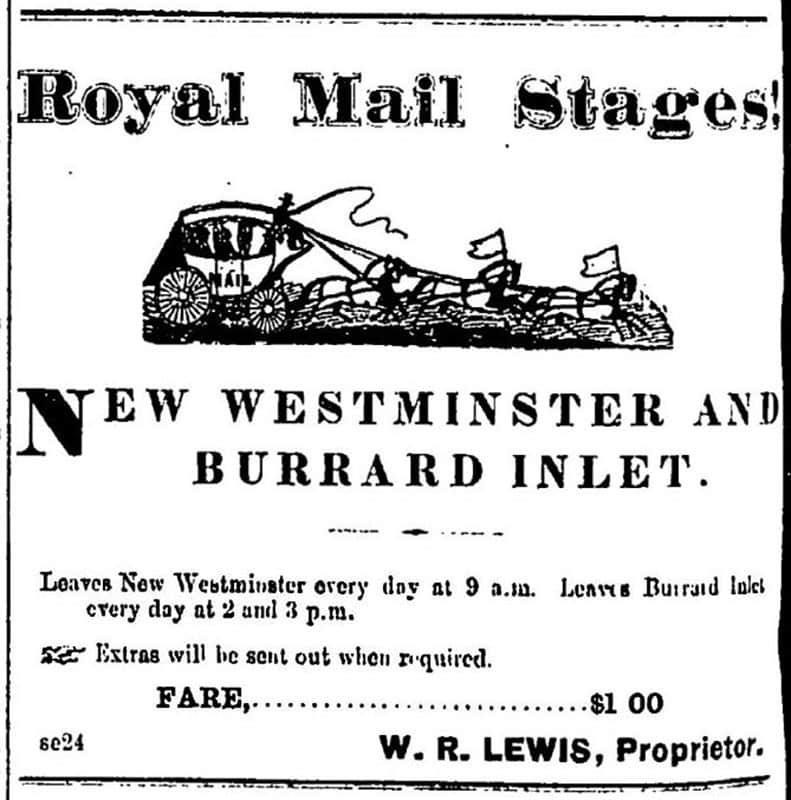 WR Lewis’s Royal Mail Stagecoach Advertisement, Mainland Guardian, 15 January 1874 Ad for WR Lewis's Royal Mail Stagecoach from New Westminster to Burrard Inlet, Mainland Guardian, 15 January 1874.