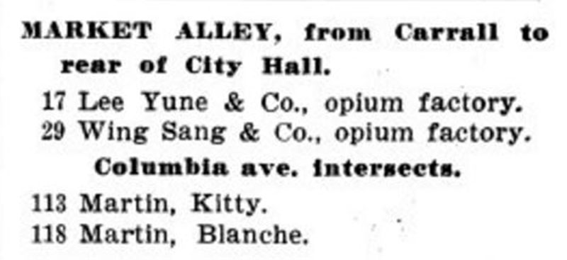Market Alley Directory, 1905 – Vancouver's Red Light District Market Alley directory listing from 1905. Opium hadn't been outlawed yet, and Dupont Street, and by extension, Market Alley, were still Vancouver's red light district. Wing Sang was owned by Yip Sang.