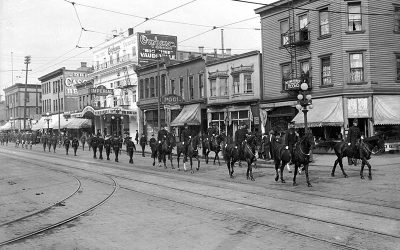 Police parade on the 700 block of Main Street, eastside, 1918. Photo by Stuart Thomson, City of Vancouver Archives #99-1269