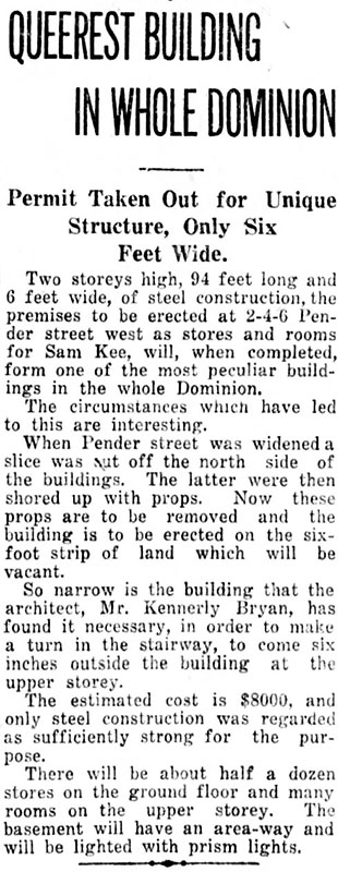 Sam Kee Building, 1913 News article about the Sam Kee Co. building the skinniest building in the world. Daily World, 27 March 1913.