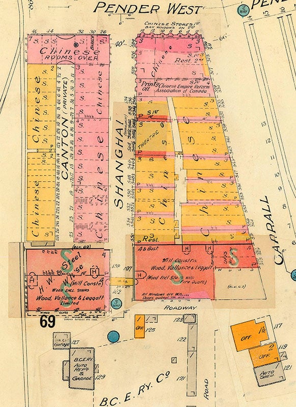 Canton and Shanghai alleys on Goad’s 1913 fire insurance map, City of Vancouver Archives. Canton and Shanghai allies, Goad's fire insurance map, 1913. City of Vancouver Archives #1972-582.08