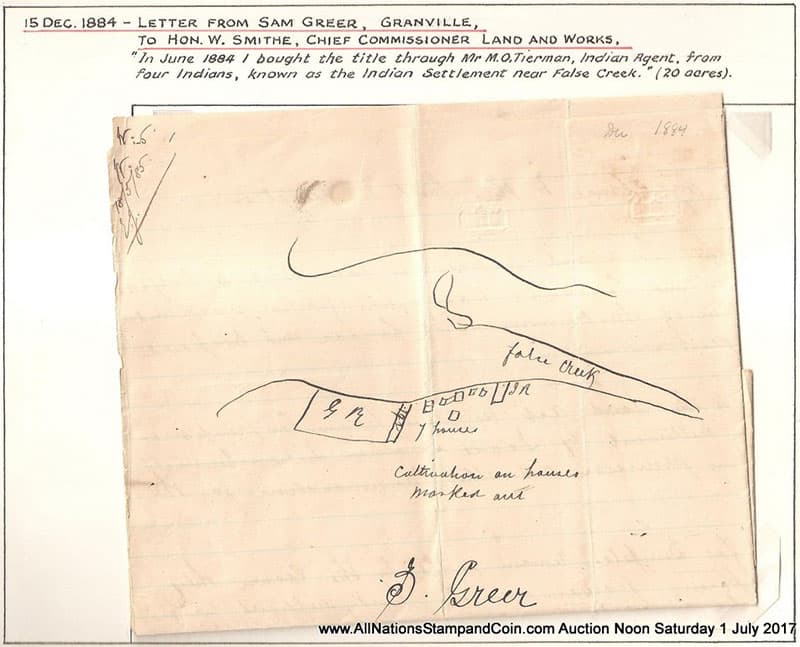 4 Secret Vancouver Beach Histories 2 Map drawn by Sam Greer of his land claim on what’s now Kits Beach. This map recently sold for $33,000 at auction. AllNationsStampandCoin.com.
