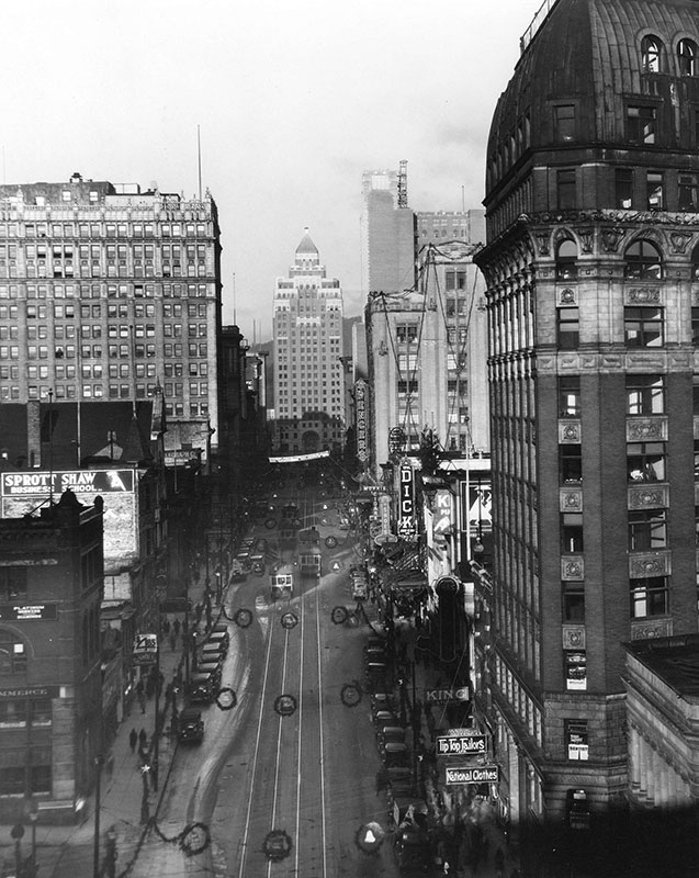 The Marine Building 3 Looking down West Hastings from Cambie Street. in 1930. Photo by Leonard Frank, City of Vancouver Archives #Str P20.
