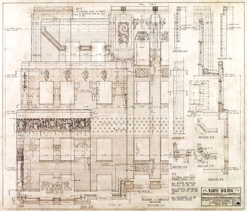 The Marine Building 16 Architect's drawing of terra cotta details of the Marine Building, 1929. McCarter & Nairne, University of Calgary #MCA447-104.