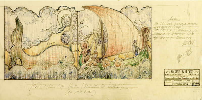 The Marine Building 13 Architect's drawing of tile frieze detail for the lobby, 1930. By McCarter & Nairne, University of Calgary #MCA447-188.