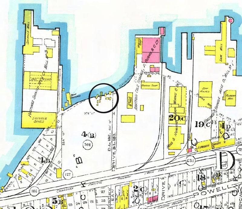 Squatting Early Vancouver Part 1: Tar Flat 7 Goad's 1912 fire insurance map showing the foot of McLean Drive. The circled structures are what was left of Tar Flat until they were demolished that year. Image from VanMap.