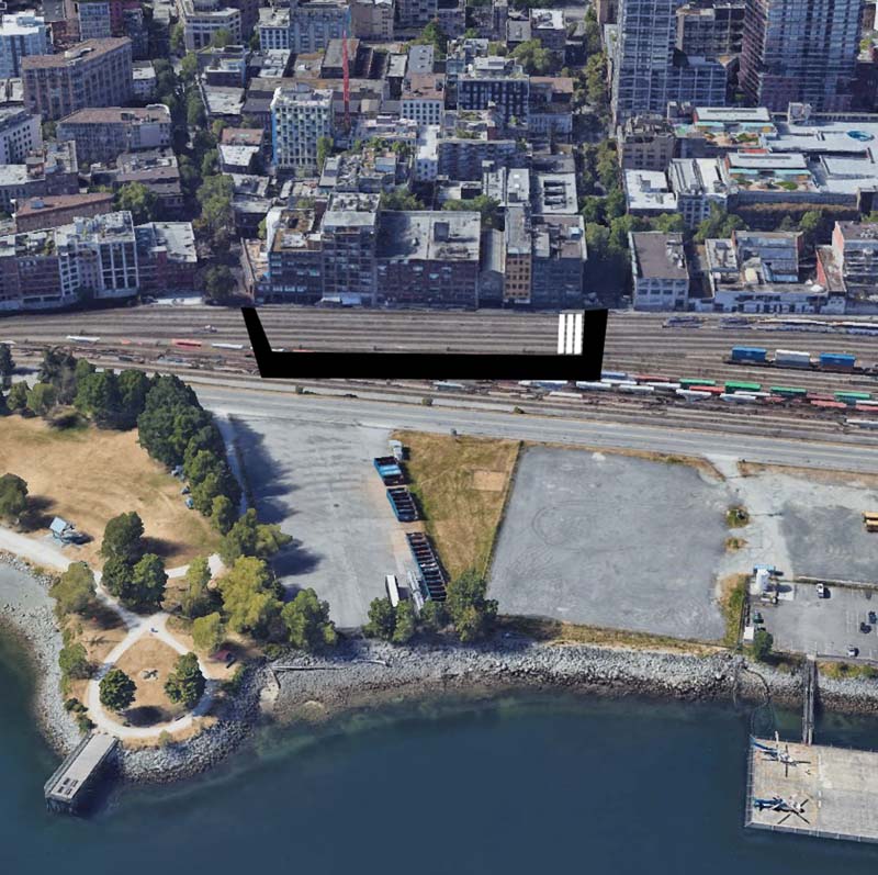 Squatting Early Vancouver Part 2: Cut Throat Johnny's 6 The approximate location of Cut-Throat Johnny's today, from Google Earth. The black bars represent the City wharf, and the white bars the 3 rows of cabins that made up Cut-Throat Johnny's.