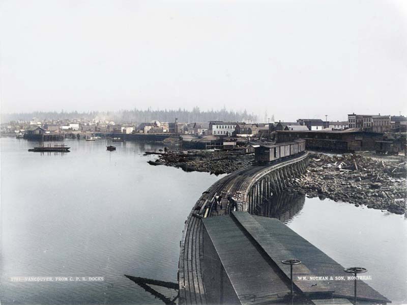 Squatting Early Vancouver Part 2: Cut Throat Johnny's 1 Vancouver's waterfront looking east from the CPR docks. The shacks to the left of the tracks may be the beginnings of Cut-Throat Johnny's squat, but it would end up on the other side of the City wharf, still under construction to the east. Photo by William Notman, City of Vancouver Archives #wat n11.2