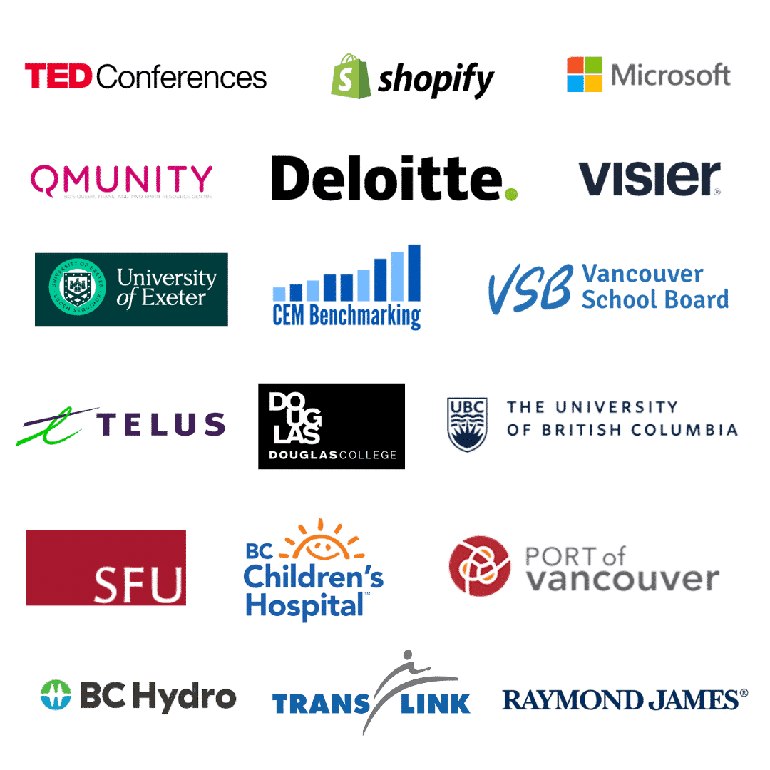 Who we've worked with: Ted Conferences, Shopify, Microsoft, Qmunity, Deloitte, Visier, Telus, Douglas College, University of British Columbia, SFU, BC Children's Hospital, Port of Vancouver, BC Hydro, Translink