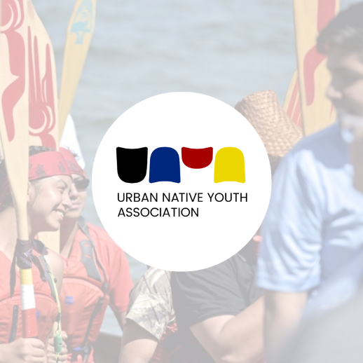 The Unya Logo with a light background of a photo of indigenous youth paddling boat and smiling