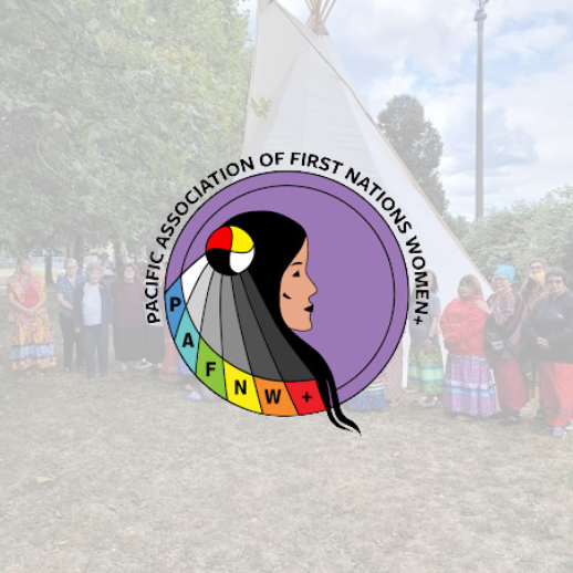Pacific Association of First Nations Women logo with a light background of a photo from one of their programs