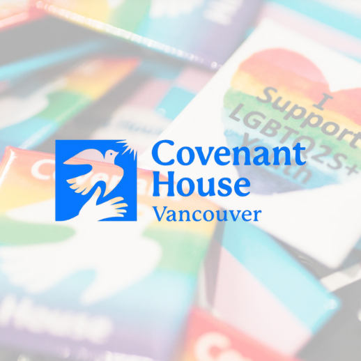 Covenant House Vancouver's Queer Youth Program logo & photo with rainbow stickers and pins in the background