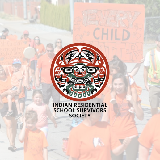 Indian Residential School Survivors Society Logo with a light background from an orange shirt day march and sign that says EVERY CHILD MATTERS