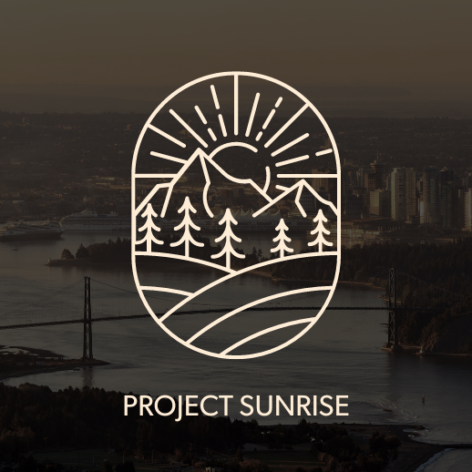 A square image with Project Sunrise and a logo with mountains and sun in light yellow over a dark background picture of Vancouver.