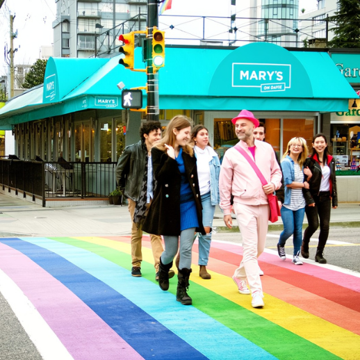 Glenn, the tour guide, is dressed in all pink, leading a group of guests across Vancouver's rainbow sidewalk on Davie Street.