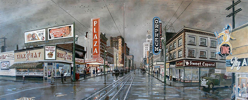 Vancouver's Zoot Suit Riots 4 Granville and Smithe, ca. 1950. The merchant marines hung out at either the Silk Hat Cafe on the left, or The Aristocratic on the right, or both, in 1944. Painting by Tom Carter.