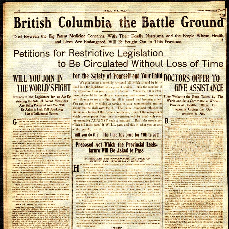 Headline from 'Battleground World' article, January 23, 1906, focusing on patent medicine controversies in BC. The World newspaper announces its battle with the Chamberlain Medical Company over its patent medicine, January 23, 1906.