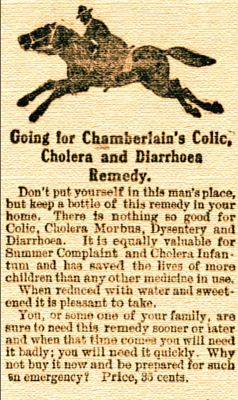 Historical advertisement for Chamberlain's medicine from the Province newspaper, dated June 29, 1905. Chmamberlain's Colic, Cholera, and Diarrhoea ad, Province, June 29, 1905.